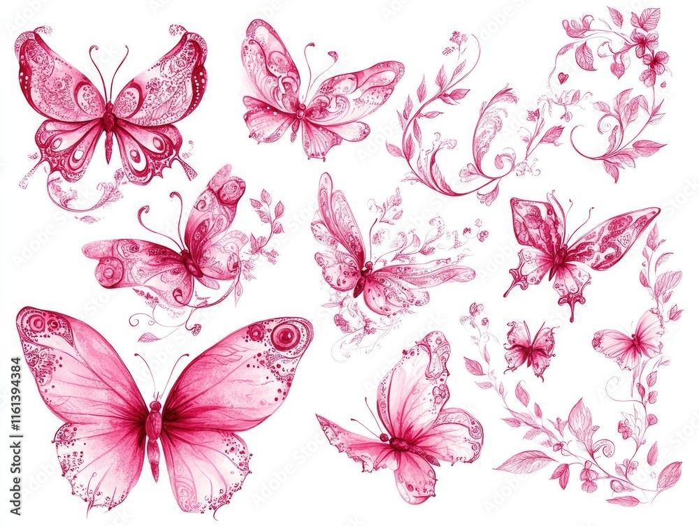 Fototapeta premium Charming Collection of Watercolor Pink Butterflies for Celebratory Designs