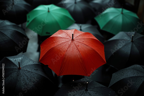 A red umbrella in the middle of a group of black and green umbrellas photo
