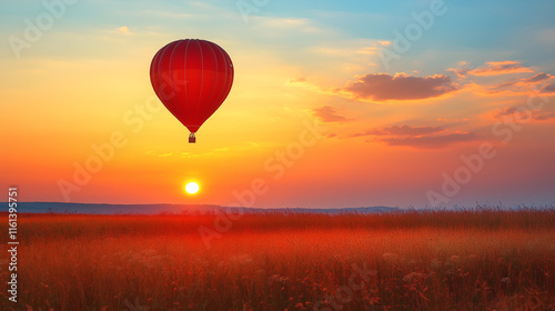 Globo aerostático sobre campo al atardecer con cielo colorido photo