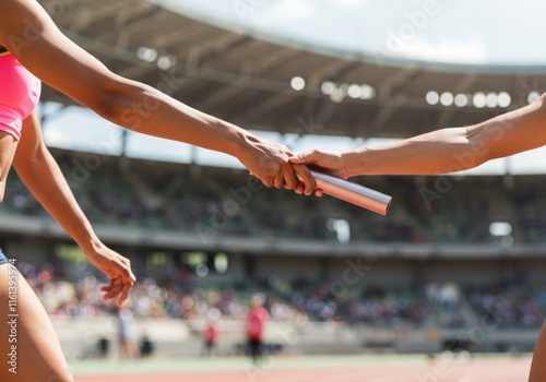 A hand passing a baton to another during a relay race, symbolizing teamwork, collaboration, and seamless transition in sports