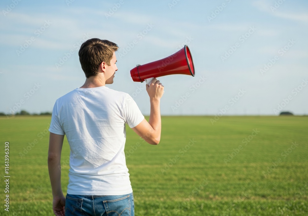 Back view of a person holding a megaphone in one hand, ready to address a crowd, symbolizing leadership and activism Back view of a person holding a megaphone in one hand, ready to address a crowd, symbolizing leadership and activism