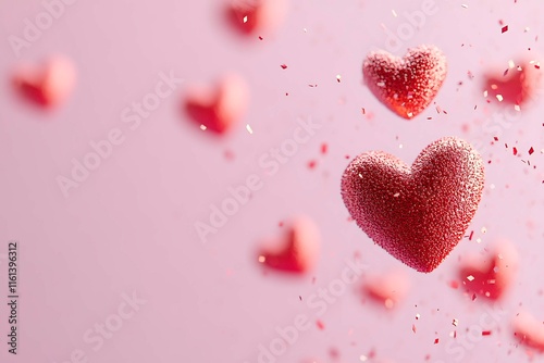 An abstract Valentine's Day background filled with swirling hearts in vibrant reds and pinks, evoking love and romance in a dreamy design.