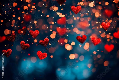 An abstract Valentine's Day background filled with swirling hearts in vibrant reds and pinks, evoking love and romance in a dreamy design.