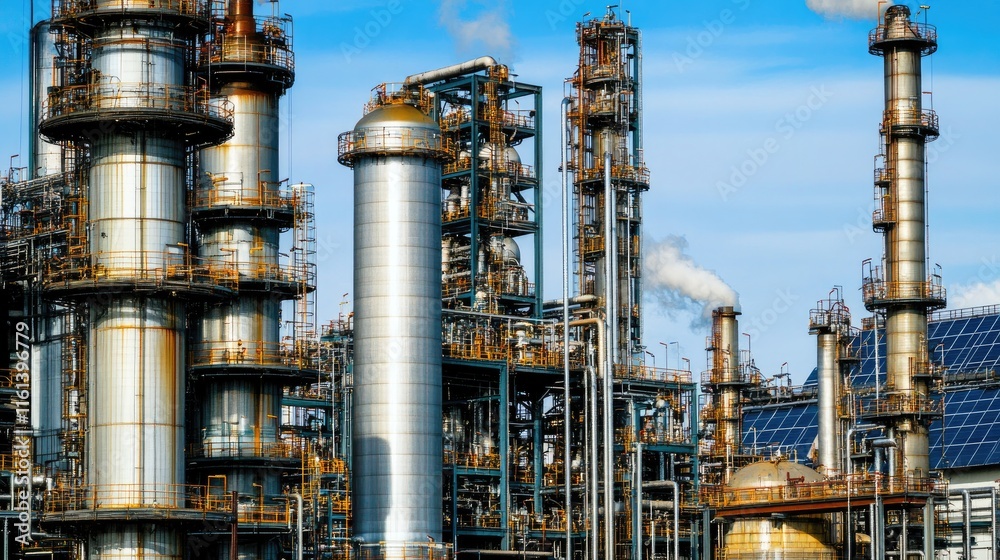Industrial Refinery Complex with Tall Metal Structures and Blue Sky Background Industrial Refinery Complex with Tall Metal Structures and Blue Sky Background