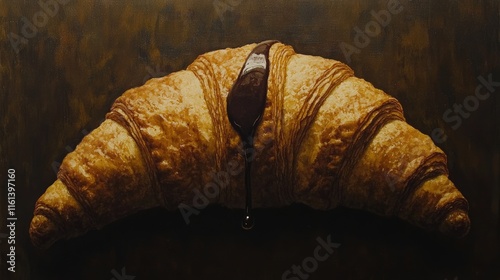 Golden Croissant with Rich Chocolate Drizzle on Rustic Background photo