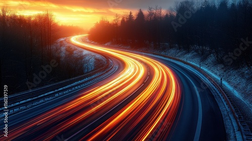 Scenic Highway Sunset Light Trails Winter Road Speed