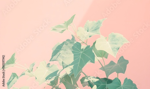 Wallpaper Mural Pastel pink background with green leaves. Torontodigital.ca