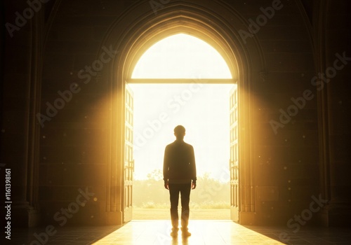 Obraz na płótnie A back view of a person standing tall before a massive open door, with radiant light flooding in from beyond. This powerful imagery symbolizes opportunity, transition, self-discovery w salonie