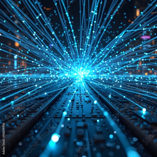 Futuristic Cityscape, Glowing Fiber Optic Network, Digital Data Flow, Abstract Technology Background
