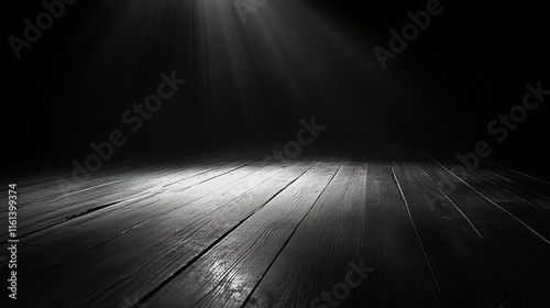 Spotlight on Dark Wooden Stage Floor with Soft Light Gradients Fading into Black Background photo