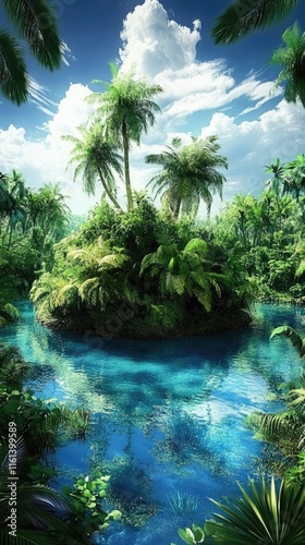 Tropical Island Paradise: Lush Foliage and Pristine Waters Under Blue Skies