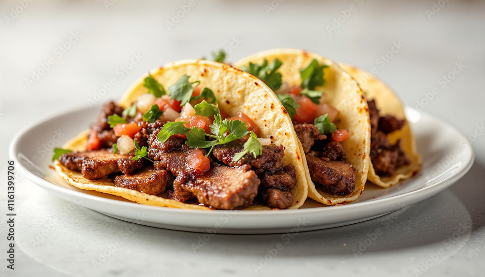 Classic Mexican Tacos with juicy carne asada, vibrant cilantro, and fresh pico de gallo on a white plate, showcasing bright textures and colors against a soft background Classic Mexican Tacos with juicy carne asada, vibrant cilantro, and fresh pico de gallo on a white plate, showcasing bright textures and colors against a soft background