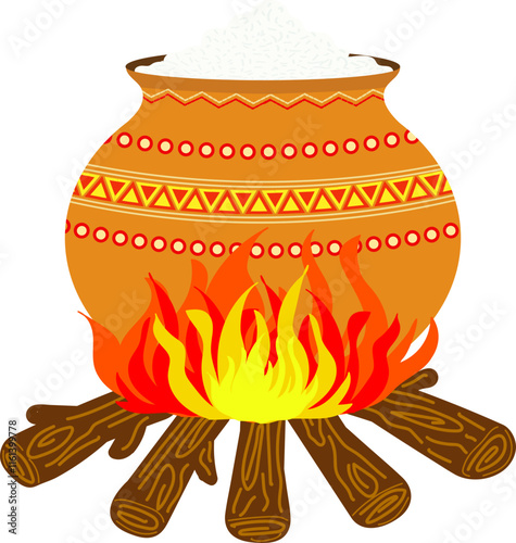 Pongal mud pot filled with milk and rice boiling over fire illustration for Pongal festival decoration