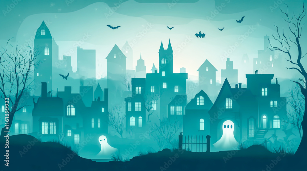 Fototapeta premium Spooky Halloween background featuring a haunted city with eerie buildings, ghostly apparitions, and a dark, misty atmosphere