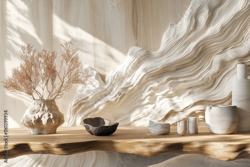 Wooden table displays minimalist decor with natural elements photo