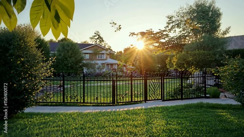 Sunset over a peaceful suburban garden framed by black metal fencing in the late afternoon