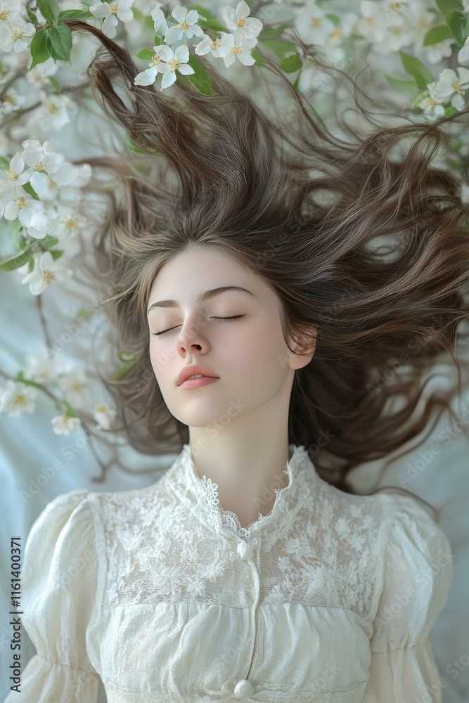 Dreamlike Portrait of Young Woman with Blossoms and Flowing Hair Dreamlike Portrait of Young Woman with Blossoms and Flowing Hair