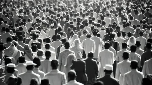 Drone shot flying over massive crowds walking in slow motion during an Islamic holiday in the middle east in black and white.