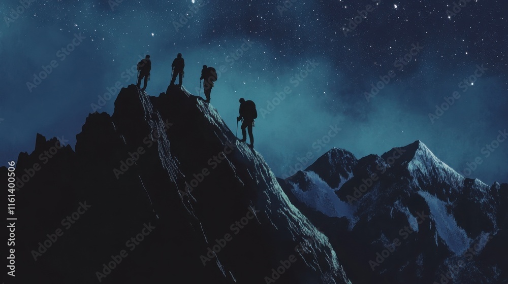 Silhouetted climbers ascend a mountain peak under a breathtaking night sky, stars illuminating their adventurous journey.