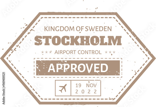 Beige hexagonal stamp with dashed border indicating approval from Stockholm Airport Control in the Kingdom of Sweden, dated November 19, 2022, and featuring a small airplane icon