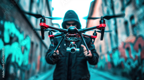 Urban Street Photography: Captivating Drone in Action Amidst Graffiti-Laden Alley photo