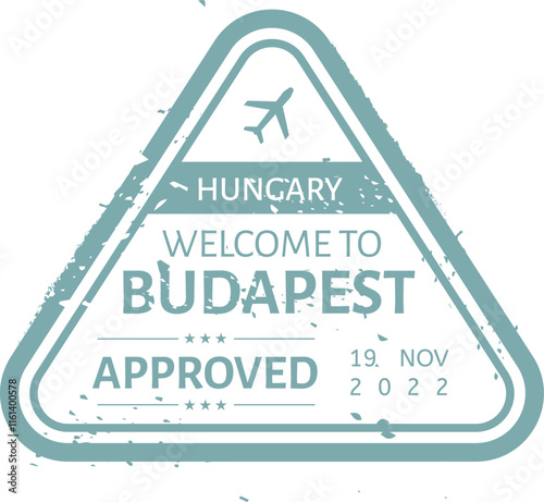 Triangular teal grunge stamp welcoming visitors to Budapest, Hungary, Europe, featuring an airplane icon, capturing the essence of travel and adventure on November 19, 2022