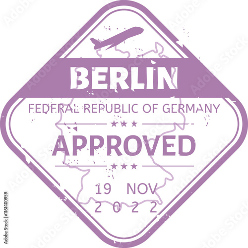 Purple immigration control stamp featuring an airplane, the date, the name of the city and country, and the word approved, simulating a visa stamp for tourists and travelers