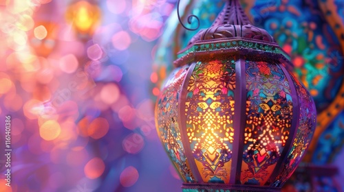 A close-up of a Ramadan lantern with colorful patterns, glowing softly against a pastel lavender background. photo