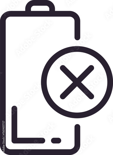 Minimalist vector illustration depicting a battery icon with a cross symbol, representing a state of low or no power, emphasizing the concept of energy depletion in electronic devices