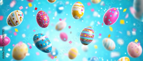 Colorful Easter Eggs with Confetti on Vivid Blue Background