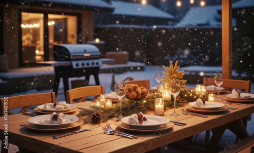 Festive outdoor dining table in winter photo