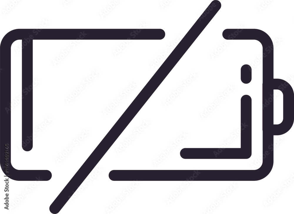 Obraz premium Simple black and white empty battery icon with a diagonal line through it, representing a low power or no charge status, suitable for user interface and graphic design projects