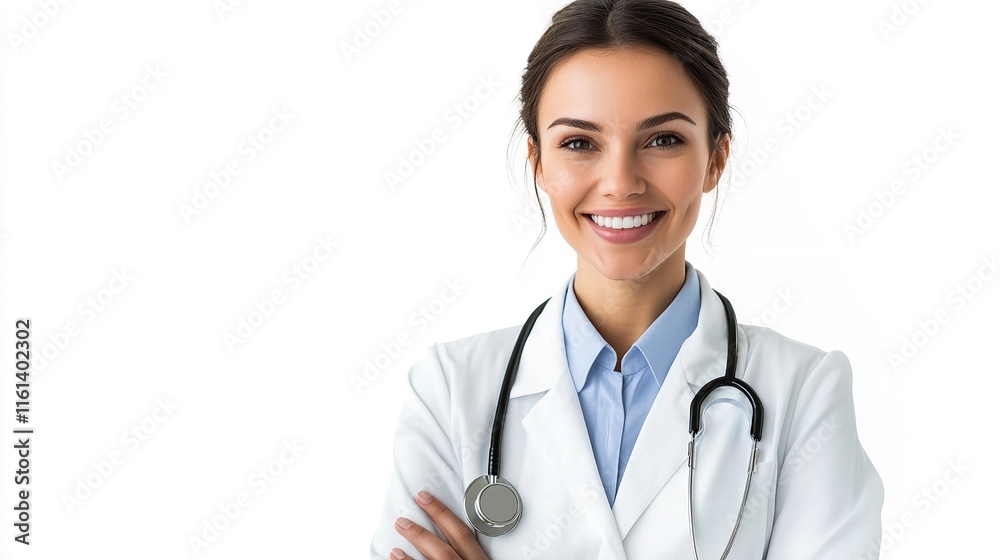 Professional Portrait of a Smiling Female Doctor in White Coat on a Clean White Background Professional Portrait of a Smiling Female Doctor in White Coat on a Clean White Background