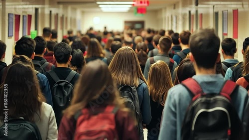 Tracking teenagers from behind as they walk in slow motion down a crowded high school hallway before the start of class. For back to school themed information.