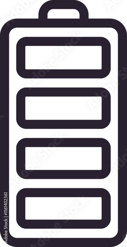 Full battery charge indicator displaying four horizontal bars along with a positive terminal, illustrating complete power and energy storage for various electronic devices