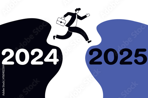 Businessman leaping from 2024 to 2025 year. New vision, goals and planning concept. Vector flat illustration