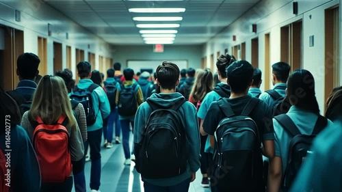 Tracking middle school teenagers from behind as they walk in slow motion down a crowded middle school hallway before the start of class. For back to school themed information.