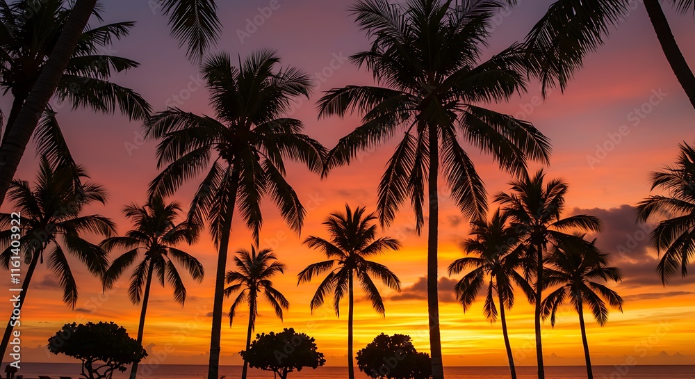 Sunset paradise. Silhouette palm trees on a vibrant beach. Tropical ocean golden hour sky. Sunset paradise. Silhouette palm trees on a vibrant beach. Tropical ocean golden hour sky.