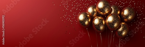 Gold foil balloon with the number fifty. Birthday greeting card featuring the number 50. Anniversary celebration event banner. Golden numeral on a red background.Numerical digit with light bokeh and