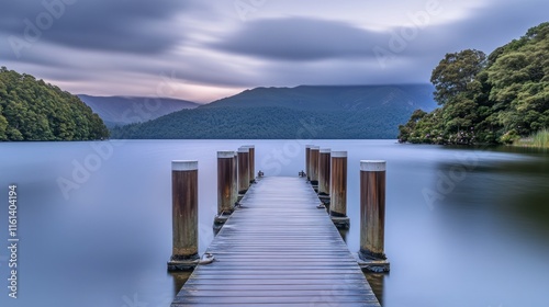 Wallpaper Mural Serene lake with wooden pier extending towards misty mountains at dawn. Torontodigital.ca