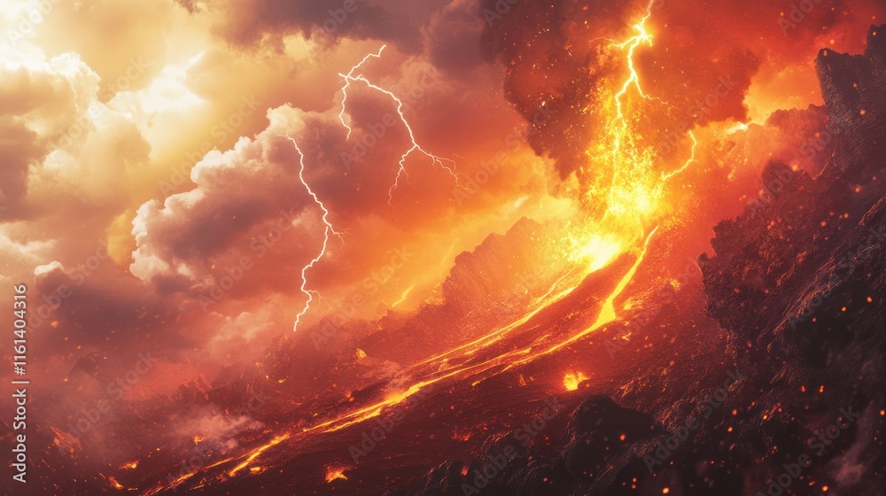 Obraz premium Volcanic eruption with lightning strikes and fiery lava flow.