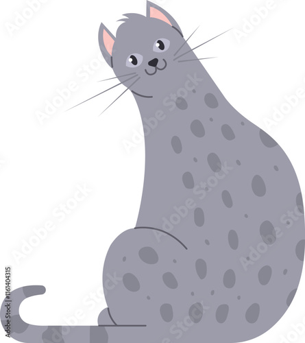 Cartoon illustration featuring an adorable gray cat with dark spots, curiously turning its head and gazing with an inquisitive expression on its face