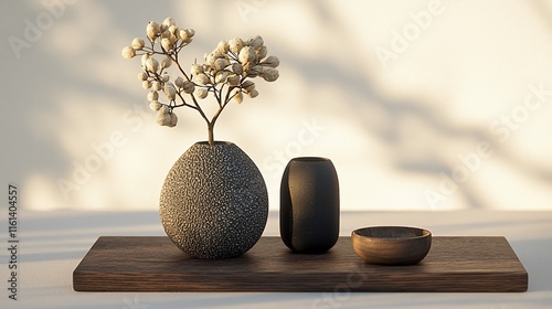 Minimalist still life with textured vase, flowers, and bowls on wooden tray.