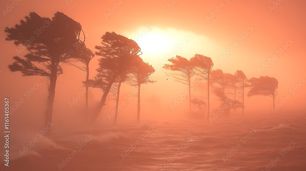 Majestic trees sway in the foggy twilight as sun sets behind a curtain of mist Majestic trees sway in the foggy twilight as sun sets behind a curtain of mist