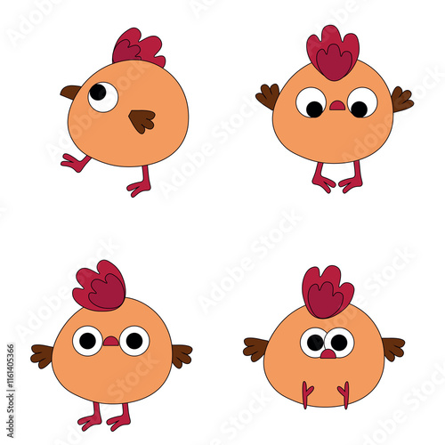Cute round chicken illustrations with vibrant colors and expressive faces