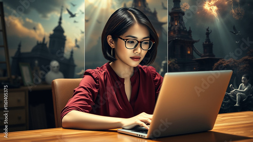 woman working on laptop serious 