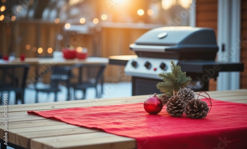 Festive outdoor setting with grill and decor photo