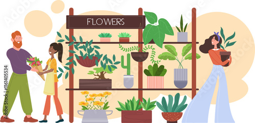 Vector illustration of a flower shop. Seller and buyer in a flower shop.