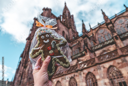 Hand holds a homemade gingerbread cookie for sale at a Christmas market in Strasbourg France, Notre Dame cathedral in background photo