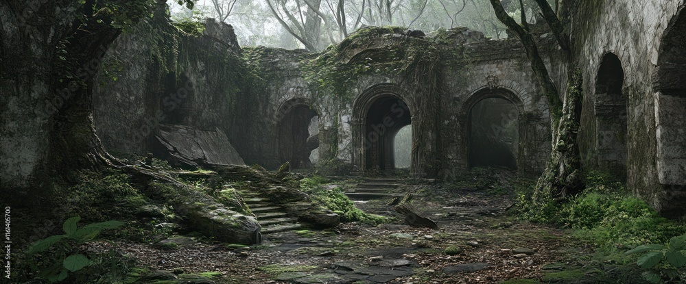 Overgrown stone ruins in a misty forest. Overgrown stone ruins in a misty forest.